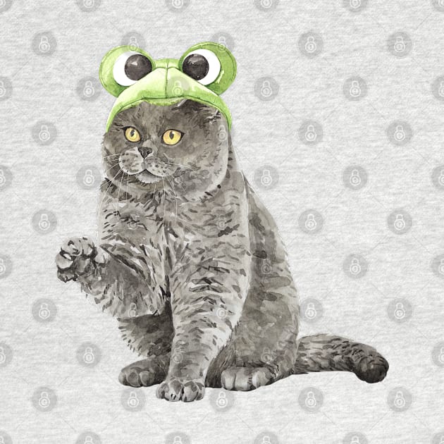 Funny Watercolor British Shorthair Cat Wearing Frog Helmet by labatchino
